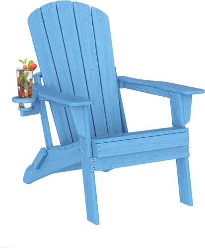 Miniatura 50 de Plawdlik Silla plegable Adirondack, probada por SGS, con textura de madera y portavasos, resistente a todo tipo de clima, cómoda para piscina, patio