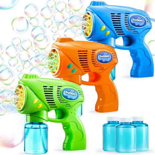 Miniatura 7 de JOYIN - Juego de 3 pistolas y 3 soluciones de burbujas para niños, juguete lanzador de burbujas para verano, recuerdos de fiesta, cumpleaños, Sólido