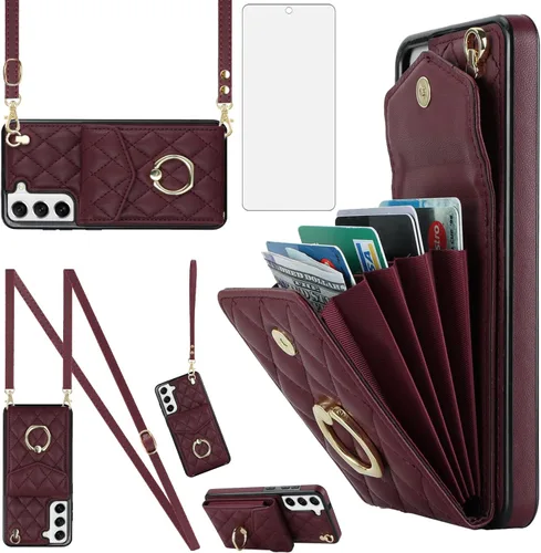 Asuwish Funda de teléfono para Samsung Galaxy S21 FE 5G Funda tipo cartera con protector de pantalla de vidrio templado, anillo cruzado, bloqueo