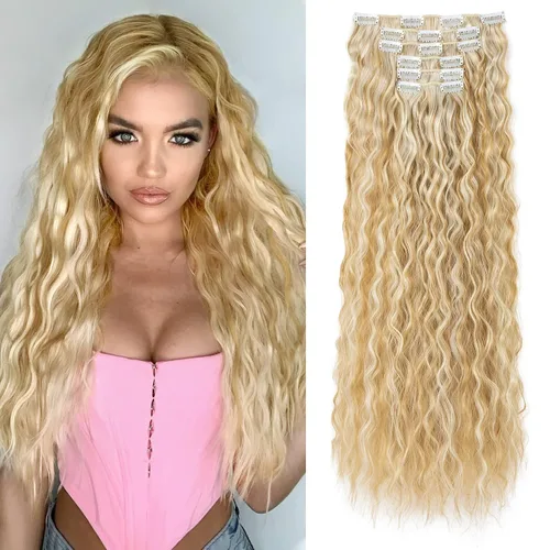 Miniatura 19 de LONAI - Extensiones de cabello con clip, 6 piezas, rizadas, de 24" de largo, sintéticas, para mujer, color rubio ceniza natural