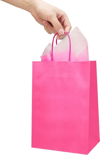 Miniatura 8 de DjinnGlory Paquete de 24 bolsas de regalo de papel rosa intenso de tamaño mediano con asas de 10 x 8 x 4 pulgadas y 24 papel de seda rosa para Rosa