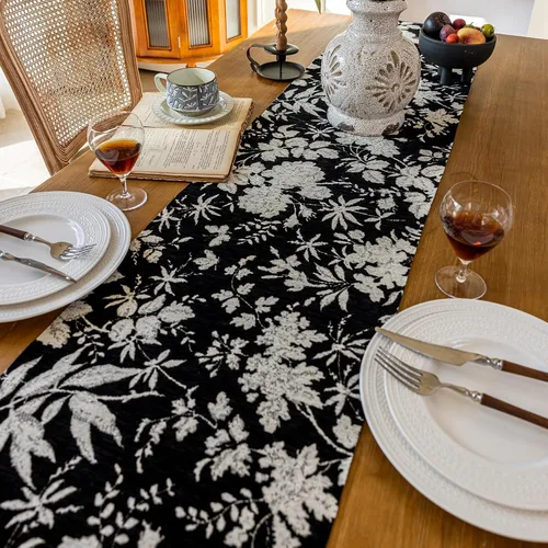 Miniatura 3 de Camino de mesa botánico floral para sala de estar, camino de mesa de comedor de flores jacquard con borlas, moderno, decorativo, elegante, natural