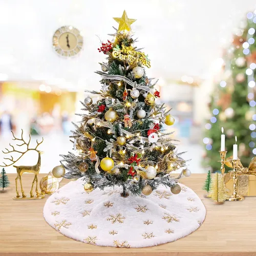 Miniatura 2 de Falda de árbol pequeña de 24 pulgadas, falda de árbol de piel sintética blanca de Navidad de 4 pies, mini copos de nieve de lentejuelas doradas