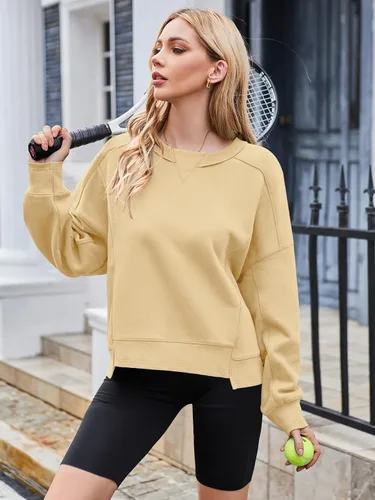 Miniatura 2 de MEROKEETY Sudaderas recortadas de gran tamaño para mujer, cuello redondo, forro polar, para entrenamiento, trajes de otoño