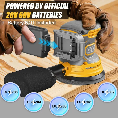 Miniatura 2 de Lijadora orbital aleatoria inalámbrica compatible con batería Dewalt de 20 V y 60 V (sin batería), lijadora orbital eléctrica de palma con colector