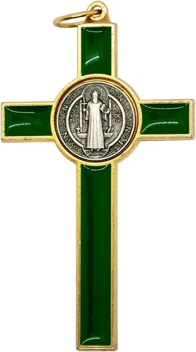 Miniatura 2 de Medalla de San Benito Crucifijo Santo Patrón de los Estudiantes y Europa Incluye estuche y cordón Gran regalo católico para la primera Verde