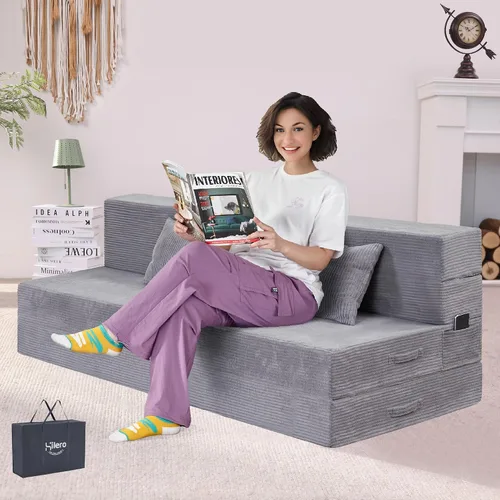 Miniatura 15 de Sofá Cama Individual Plegable Silla Sofá Cama con Almohada, Twin, Beige Cama de silla plegable