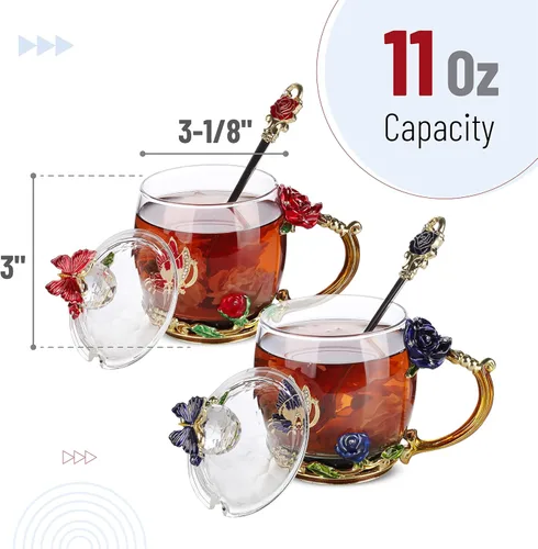 Miniatura 3 de BTaT- Juego de tazas de té de vidrio floral con tapas y cuchara, paquete de 2, 11 onzas, azul y rojo, diseño de flores con caja de regalo, tazas