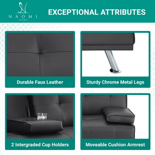 Miniatura 6 de Naomi Home Sofá cama tipo futón convertible compacto – Moderno sofá cama de piel sintética para espacios pequeños, apartamentos y dormitorios
