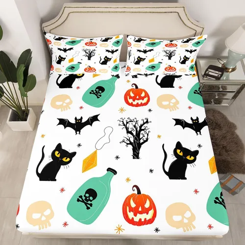Miniatura 9 de Juego de ropa de cama de Halloween con patrón de sombras kawaii, sábana bajera tamaño queen, decoraciones de calabaza, luces de calabaza góticas