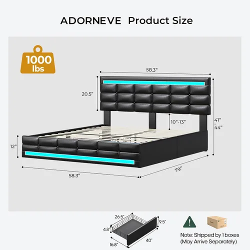 Miniatura 2 de ADORNEVE Base de cama de tamaño matrimonial con cajones de almacenamiento, cabecera con luces LED, plataforma de cuero tapizada con 2 puertos USB