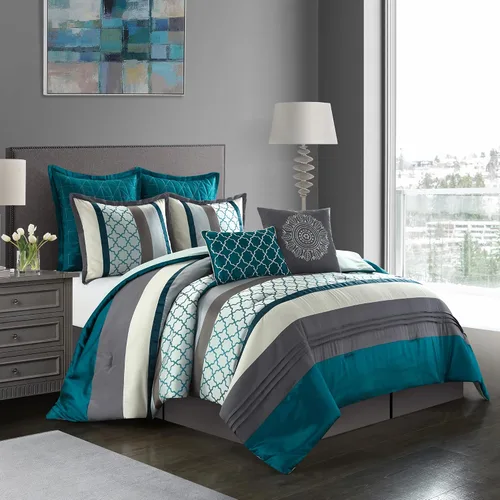 Miniatura 12 de Grand Avenue Juego de edredón tamaño Queen color marrón aguamarina, ropa de cama jacquard de 8 piezas con sábanas, ropa de cama bordada ultrasuave