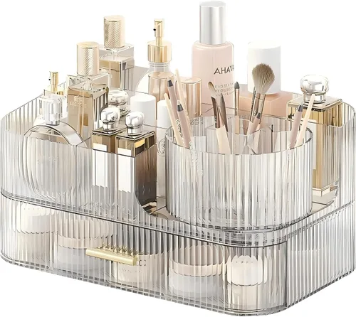 DASITON Organizador de Maquillaje con Cajones y Soporte Giratorio para Brochas de Maquillaje, Organizador de Cosméticos Apilable de Gran Capacidad