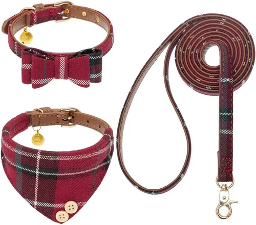 Miniatura 15 de EXPAWLORER Juego de collar y correa para perro - Corbata de moño clásica a cuadros para perro y collar bandana para perro con campana, correa