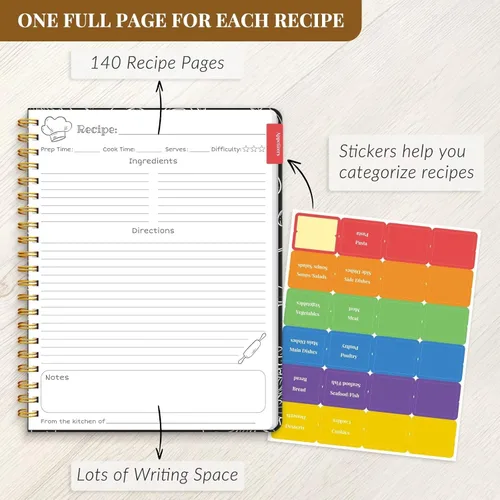 Miniatura 4 de LuBudingJoy Cuaderno de recetas en blanco para escribir en tus propias recetas, página completa de Sprial de tapa dura, organizador de recetas