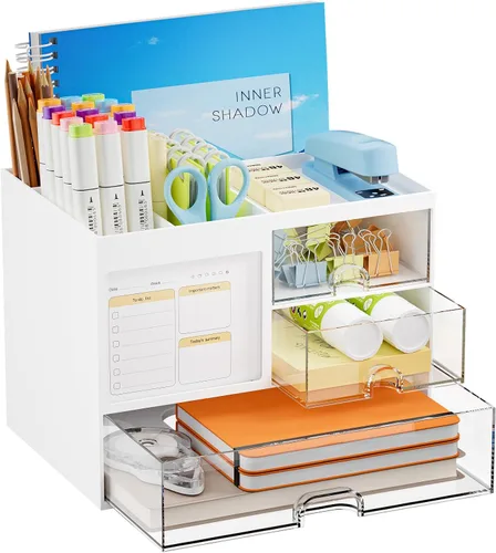 Miniatura 10 de Marbrasse Organizador de Escritorio con 3 Cajones, Soporte Multifuncional para Lápices y Bolígrafos para Escritorio, Organizador de Escritorio