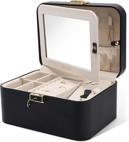 KAMIER Organizador de joyas, caja de joyería de piel sintética de 2 capas, gran capacidad, doble cerradura y espejo grande, ganchos ocultos para