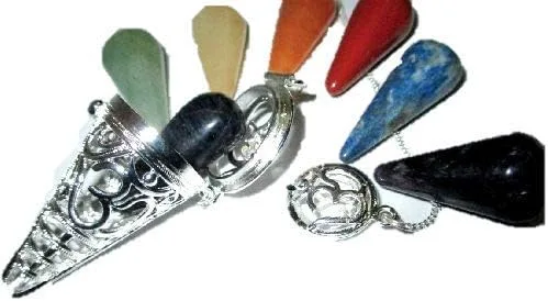 Miniatura 6 de Jet International Jaula Chakra Péndulo 2" Cono de Chakra Intercambiable Plata con Bolsa de Divinación Wicca SíNo Pagano (Om)