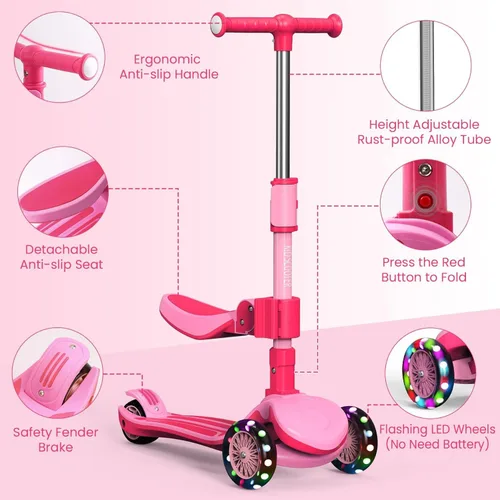 Miniatura 8 de Patinete ajustable 2 en 1 para niños de 3 a 5 años (adecuado de 3 a 12 años), manillar de 5 niveles y asiento extraíble, ruedas con luces LED, Rosa