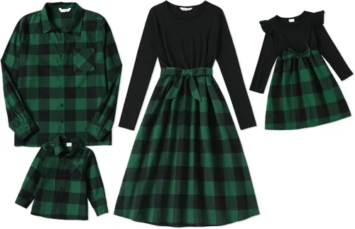 PATPAT Conjuntos familiares a juego para mamá y yo, vestido a juego de manga larga a cuadros y camisas casuales con botones