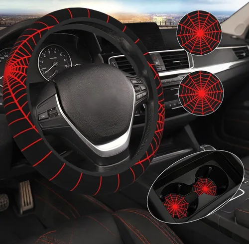 Miniatura 6 de Funda para volante de telaraña roja con 2 posavasos para automóvil, protector de volante antideslizante y transpirable de 15 pulgadas, accesorios