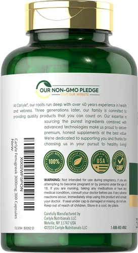 Miniatura 3 de Carlyle Cápsulas de fenogreco 300 unidades Extracto sin OMG y sin gluten Semillas de fenogreco
