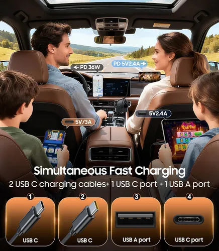 Miniatura 7 de Cargador retráctil para automóvil, cargador rápido 4 en 1, accesorios USB C para auto, camión, regalos esenciales de viaje para mujeres y hombres