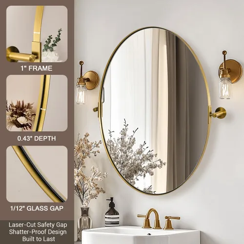 Miniatura 3 de MOON MIRROR Espejo de pivote ovalado dorado, espejo de tocador de baño de latón cepillado, espejo inclinable ovalado con marco fino de acero