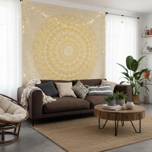 Miniatura 25 de Craft Trade - Tapiz de algodón indio con mandala para pared, decoración estética boho hippie para sala de estar, meditación y dormitorio - Amarillo