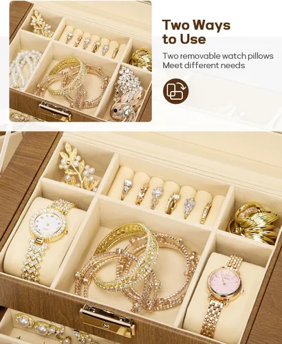 Miniatura 13 de Homde Regalos de Navidad de cuero sintético, enorme joyero, organizador de reloj con espejo, collar, anillo y aretes, estuche de regalo con Dorado