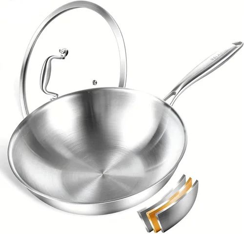 Miniatura 9 de DELARLO Woks y sartenes para saltear, sartén de acero inoxidable de 13 pulgadas con tapa, superficie de cocción grande, sartén wok de acero