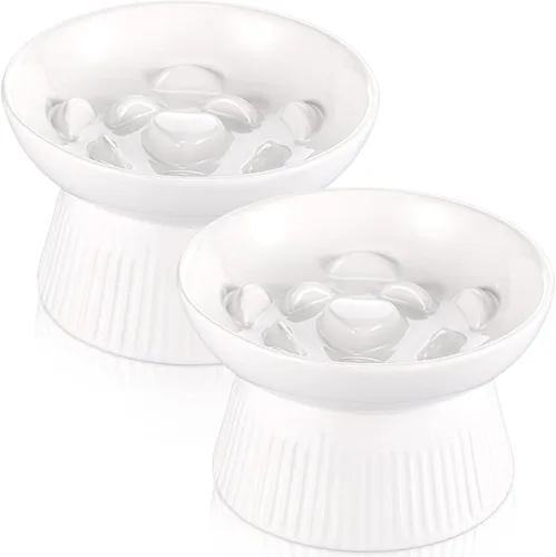 Miniatura 9 de Layhit Paquete de 2 cuencos elevados de alimentación lenta para gatos, cuencos elevados de cerámica para comida para gatos, anti vómitos, comedero
