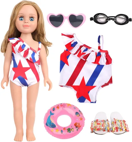 MSYO Conjunto de traje de baño de playa de muñeca de 18 pulgadas, traje de baño patriótico de estrellas y rayas con lentes de sol, gafas de