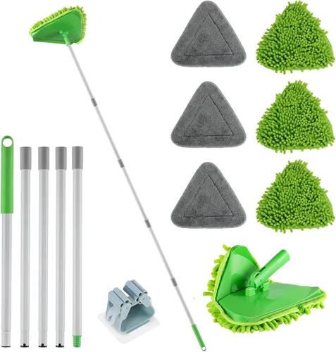 Limpiador de pared triangular con mango largo de 82 pulgadas, limpiador de pared, herramienta de limpieza con 4 almohadillas de microfibra de Verde
