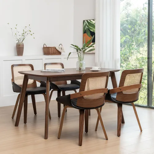 Miniatura 13 de Sillas de comedor de caña – Sillas de comedor modernas de mediados de siglo con marco de madera curvada de nogal, respaldo ergonómico de ratán