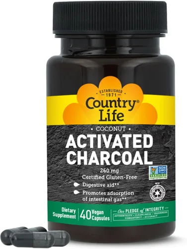 Country Life Cápsulas de carbón activado de coco, 260 mg – Suplemento de carbón natural para aliviar los gases y la hinchazón – Sin gluten, 40