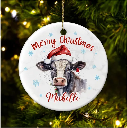 Hyturtle Adornos de Navidad personalizados para amantes de las vacas - Adorno de Navidad de cerámica con nombre personalizado de vaca - Lindos