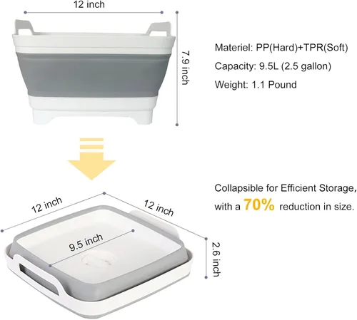 Miniatura 3 de Lavabo plegable con tapón de drenaje, lavabo para biberón de 2.4 galones, contenedor de lavado de botellas para RV, campamento, cocina, lavabo