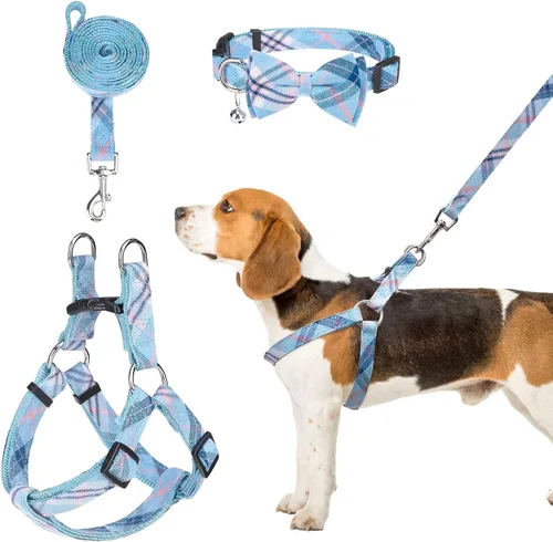 Miniatura 18 de Juego de arnés para perro con correa y collar de corbatín - Arnés para cachorro a cuadros beige, a prueba de escape, chaleco ajustable sin tirones