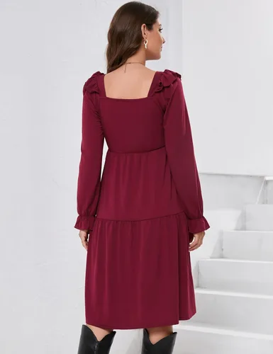 Miniatura 6 de KOJOOIN Vestido de maternidad para mujer, sin mangas, cuello cuadrado, volantes, casual, bohemio, vestido midi para baby shower, sesión de fotos