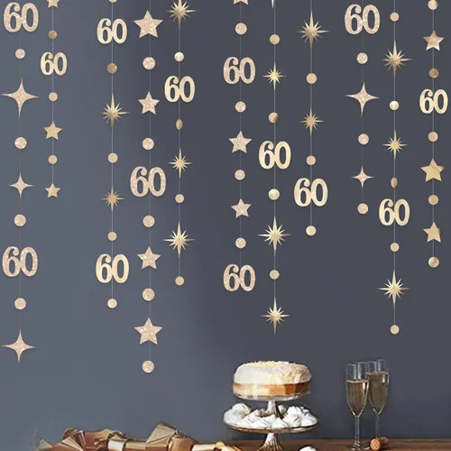 Miniatura 7 de Decoración de cumpleaños número 60 negro, círculo de punto estrella, guirnalda colgante, banderines, telón de fondo para hombres, vítores a los 60