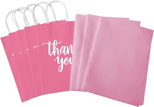 Miniatura 8 de DjinnGlory Paquete de 50 pequeñas bolsas de regalo de papel rosa con asas de 9 x 5.5 x 3.15 pulgadas y 50 papel de seda rosa para recuerdos