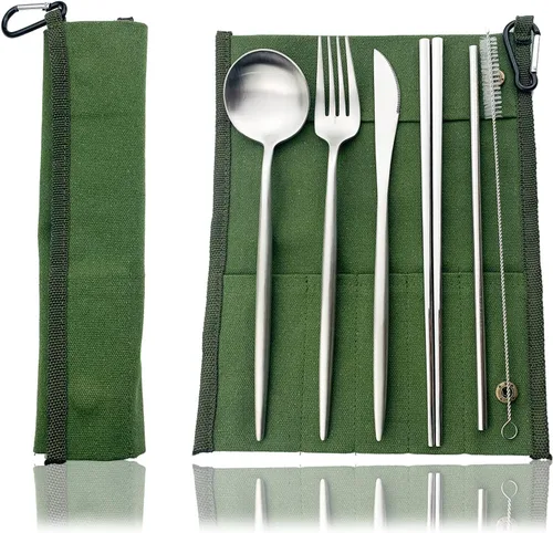 Miniatura 22 de JASHII El juego de cubiertos de viaje incluye cuchillo reutilizable, tenedor, cuchara, palillos, pajilla, utensilios ecológicos, utensilios de Azul