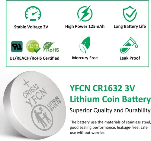 Miniatura 2 de YFCN CR1632 Batería de litio de 3 V, paquete de 5 baterías CR1632 para llavero de automóvil, control remoto sin llave, sensores - CR 1632