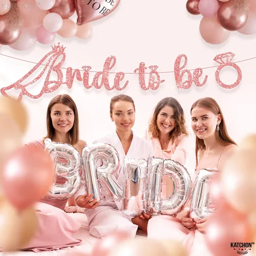 Miniatura 3 de KatchOn, Cartel con purpurina de oro rosa con la frase "Bride To Be" – Pre-encordado, 10 pies Letrero de novia con anillo para decoraciones