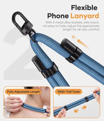 Miniatura 4 de SSLOTSCASE Cordón cruzado para teléfono con 2X almohadillas transparentes de TPU para teléfono, correa de cuello flexible ajustable antirrobo, Azul