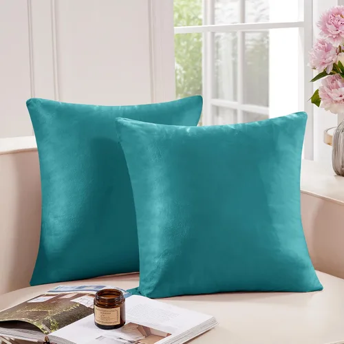 Miniatura 11 de Deconovo Juego de 2 fundas de almohada de terciopelo, 26 x 26 pulgadas, color azul, suaves pompones cuadrados con funda de cremallera oculta