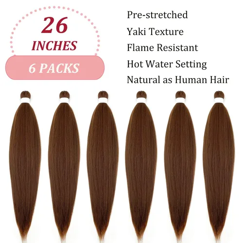 Miniatura 2 de pelo trenzado preestirado marrón, pelo trenzado Kanekalo, pelo trenzado preestirado de 26 pulgadas, 6 paquetes plegados, textura Yaki, extensiones