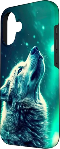 Miniatura 2 de Howling Wolf in Night Green Northern Lights Wolves Dog Lover Case for iPhone 16