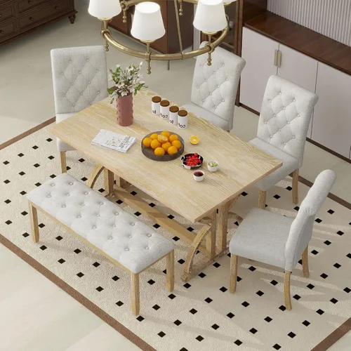Miniatura 10 de LUMISOL Juego de mesa de comedor de 6 piezas con banco, mesa de cocina de granja con 4 sillas tapizadas copetudas y banco, juego de mesa de comedor